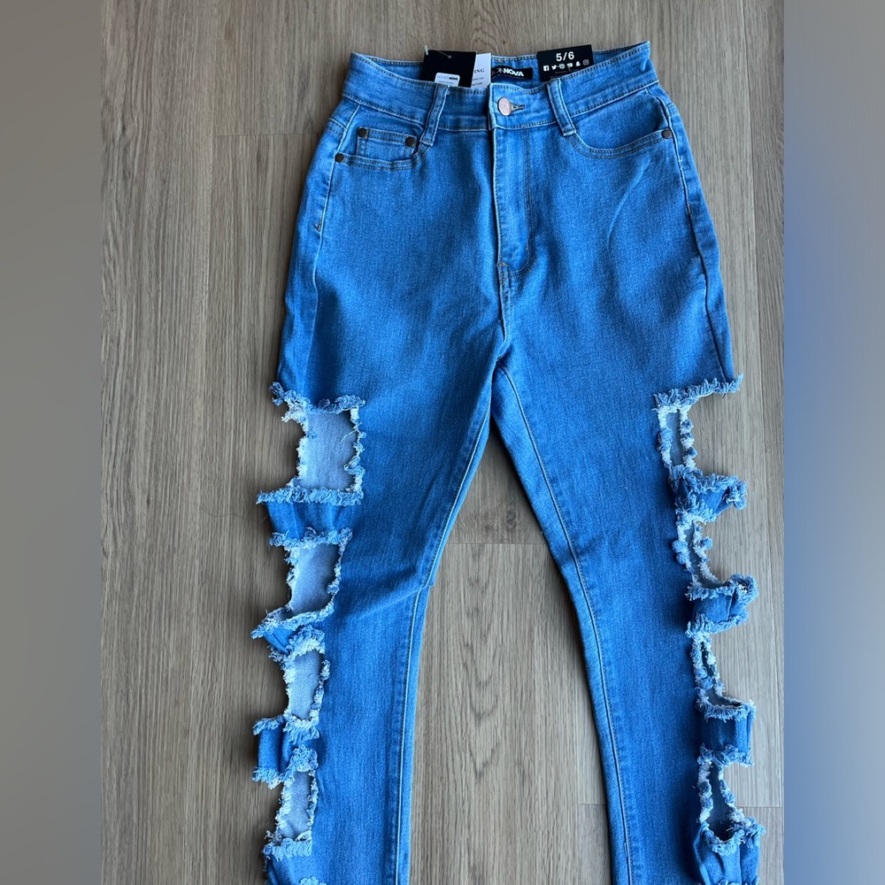 Fashion Nova Jeans Around The Block Distressed High Rise Skinny Medium Blue Wash